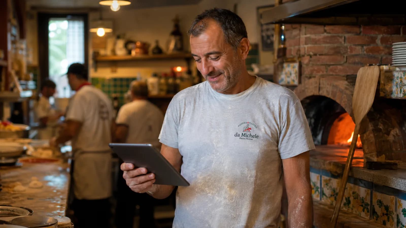 Pizzeria-Inhaber schaut auf iPad mit Bestellung — warmes Licht in italienischer Küche neben Pizzaofen