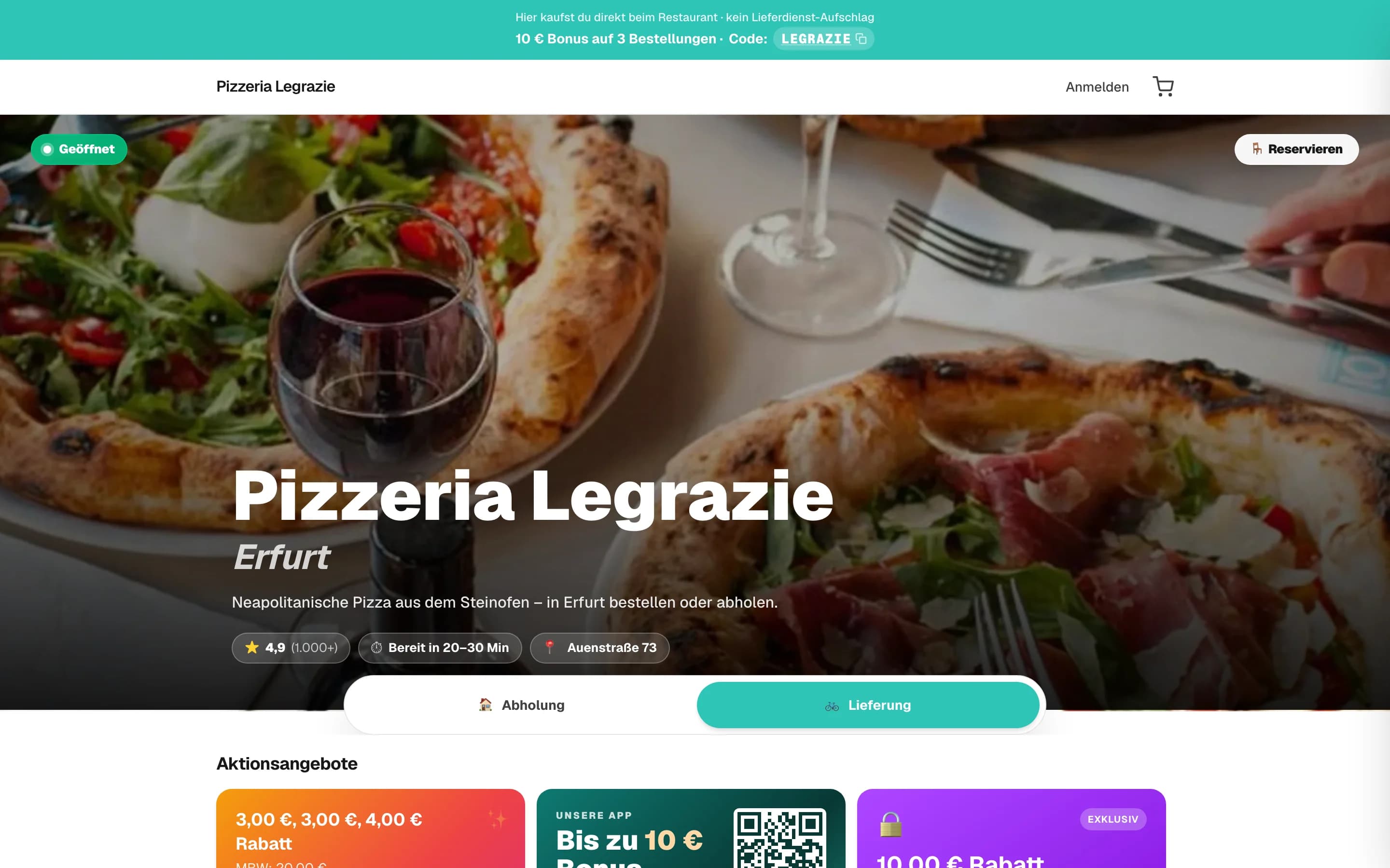 Echte Bestellseite der Pizzeria Le Grazie auf legrazie-erfurt.de — eigene Domain, eigene Marke, 0 % Provision