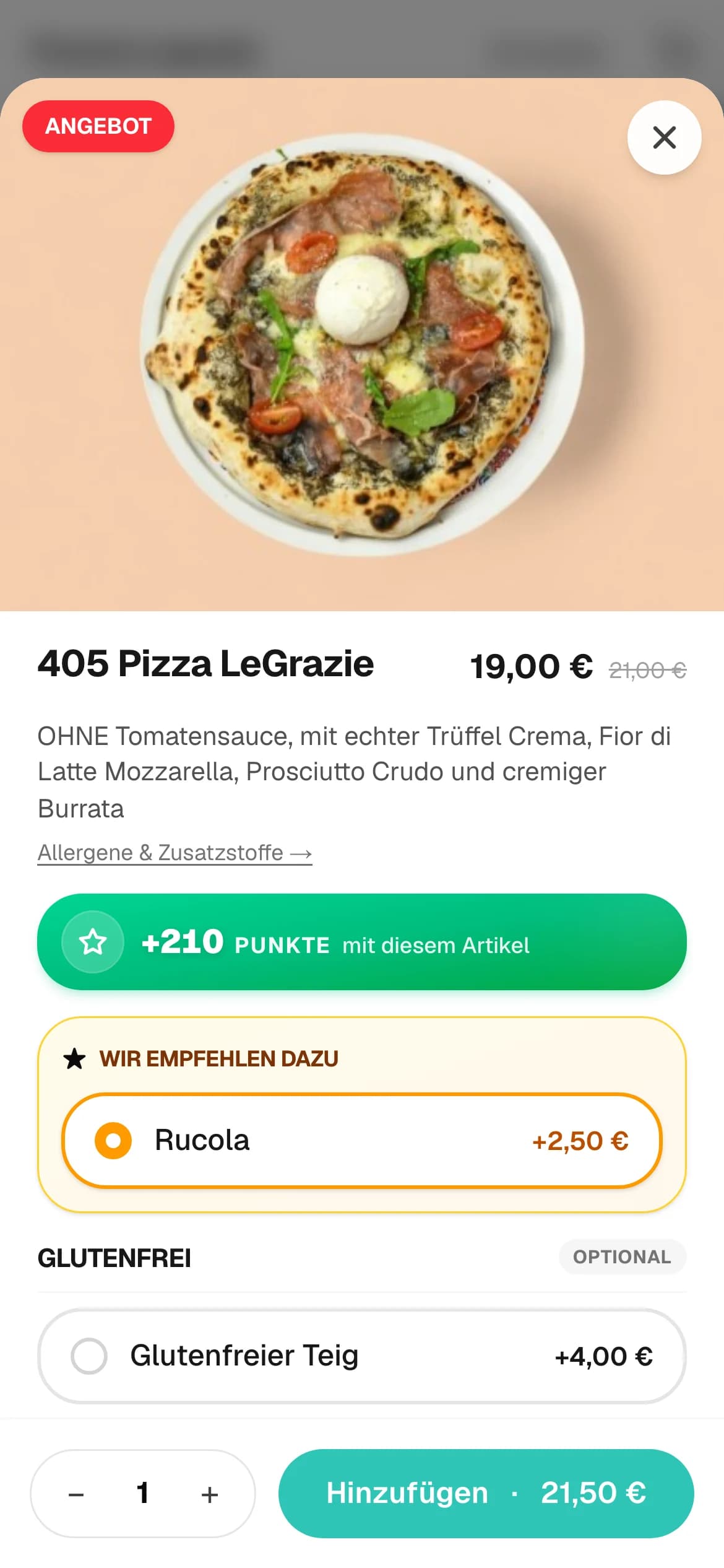 Item-Detail in der Le-Grazie-App — +210 Treuepunkte mit dem Artikel und Upsell-Empfehlung Rucola