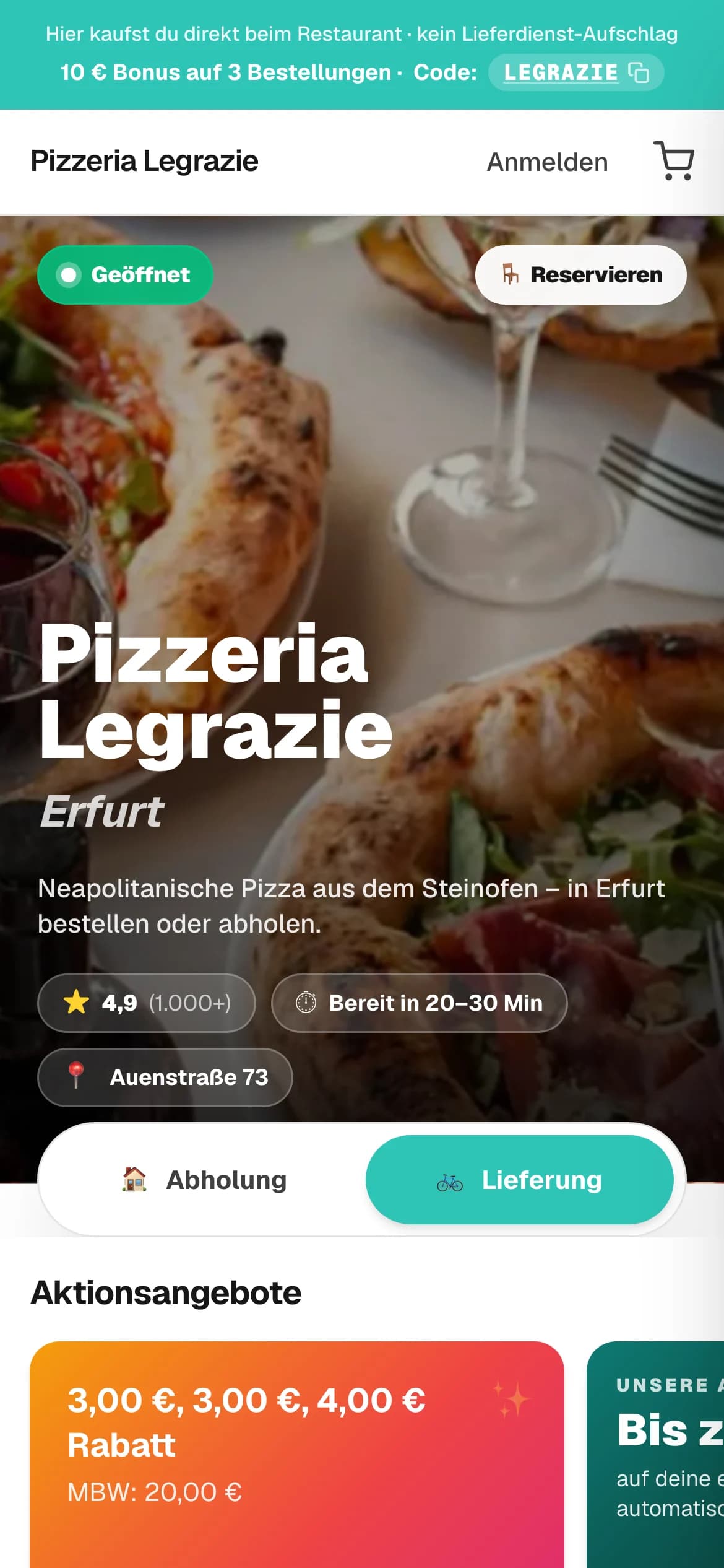 Echte Le-Grazie-Bestellseite auf dem iPhone — Pizzeria Le Grazie Erfurt, 4,9 Sterne, Abholung oder Lieferung
