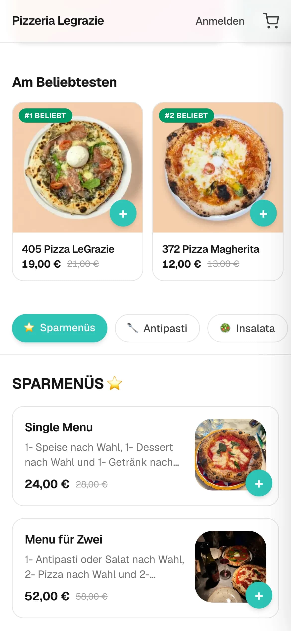 Beliebt-Sektion in der Le-Grazie-App — Pizza-Karten mit #1 Beliebt Badge und durchgestrichenem Preis