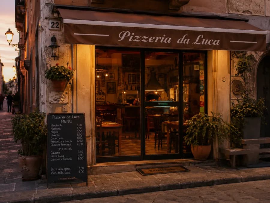 Italienische Pizzeria-Storefront in der Abenddaemmerung mit Tafelmenue und warmem Licht