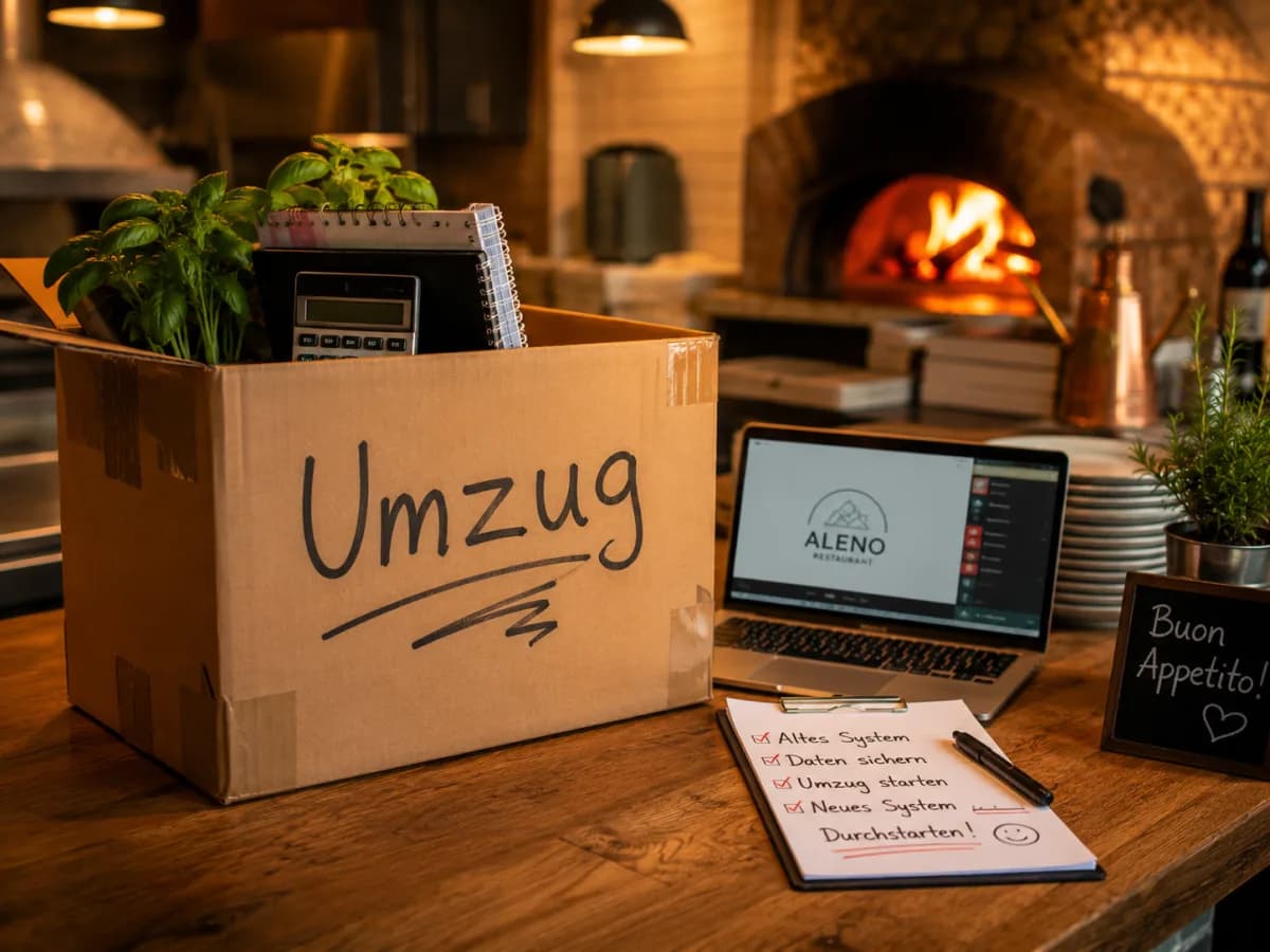 Karton mit Umzugs-Aufkleber auf Restaurant-Theke neben Laptop